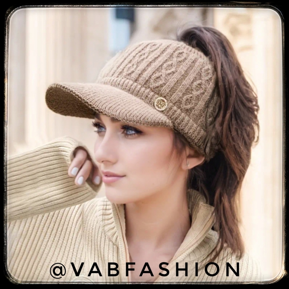 Women's Beige Knit, Fleece Lined Ponytail Beanie With Visor.